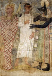 Den afdøde og hans mumie beskyttet af Anubis (enkaustisk voks på linned)